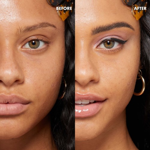 Een vrouw toont een voor-en-na make-up transformatie op haar gezicht, inclusief een gladdere huid en verbeterde oogkenmerken.
