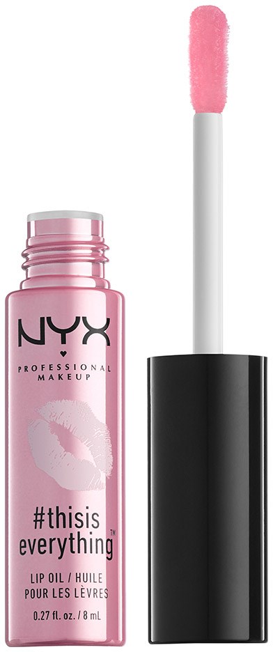 Vaaleanpunainen huulikiilto mustavalkoisella sudilla. Pullo on NYX-logo ja vaaleanpunaiset huulet.