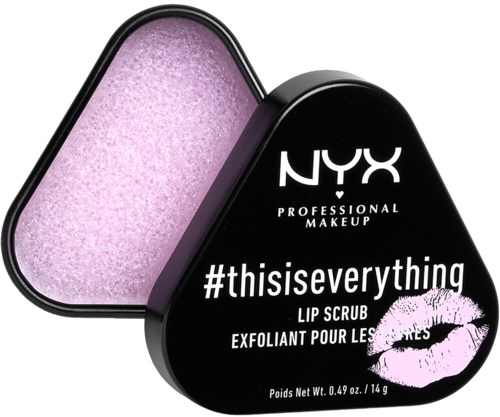 Een zwart doosje van NYX lip scrub met roze scrub binnenin en lippenstiftlogo, hashtag en tekst.