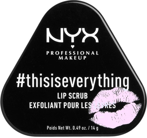 NYX-logo, productnaam, hashtag, lip scrub, lippenstiftkus grafiek, productgewicht vermeld.