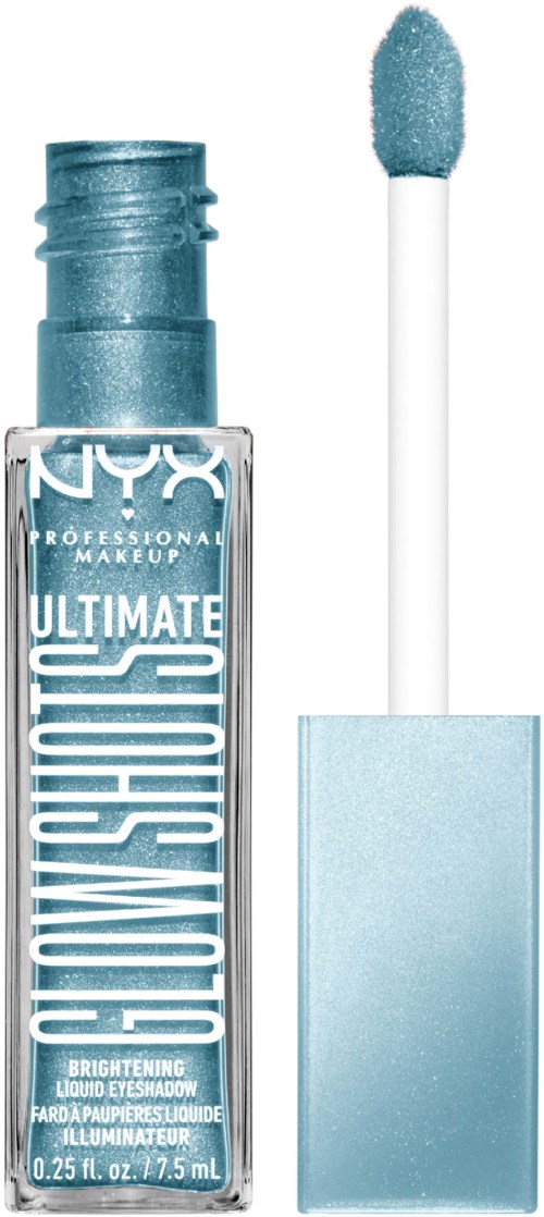 En blå flytande ögonskugga-flaska med applikator, märkt 'NYX Professional Makeup Ultimate Brightening Liquid Eyeshadow.'