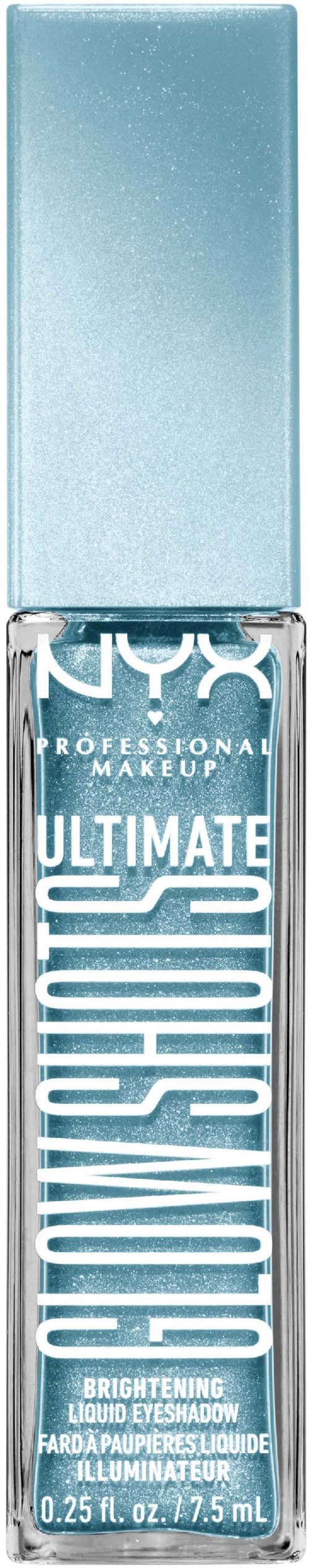En tydlig nagellacksflaska med silverlock, märkt NYX Ultimate Shine Brightening Liquid Eyeshadow.