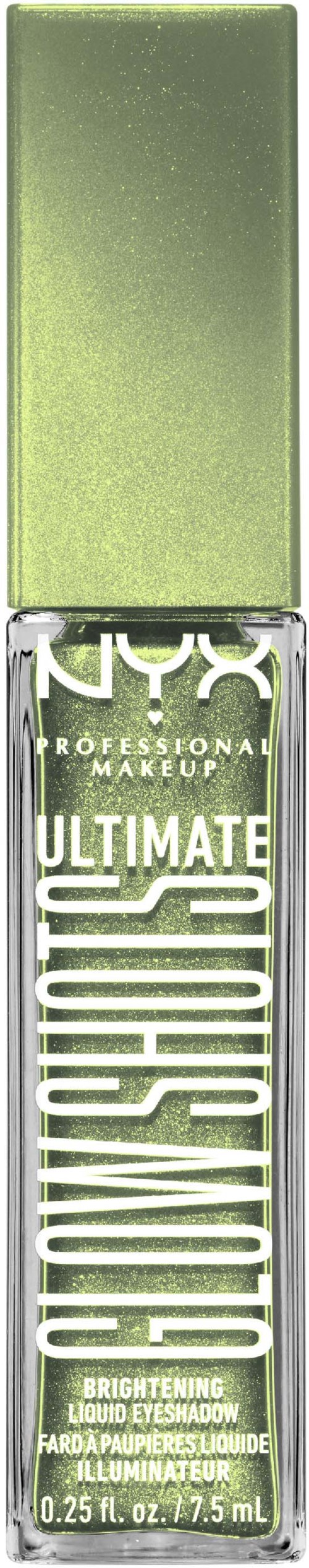 Glänsande grön kosmetiktub med NYX Ultimate Brightening Liquid. Låtande formula, 0,57 oz, för ögonskugga.