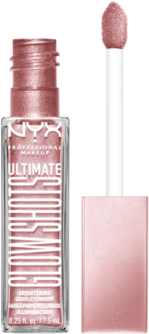 Lippen Gloss Röhrchen mit pinker Farbe, Applikatorstab und pinkem Etui, bezeichnet 'Ultimate Shine'.