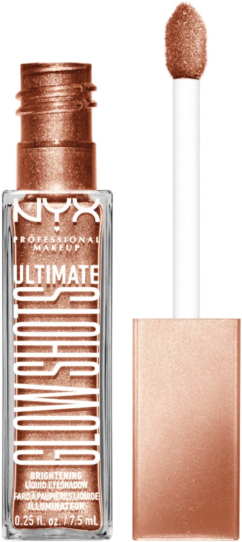 Ein flüssiger Lippenstift in einer klaren Tube mit weißem Applikator und roségoldenem Deckel, beschriftet 'Ultimate Shine' mit metallischem Glanz.