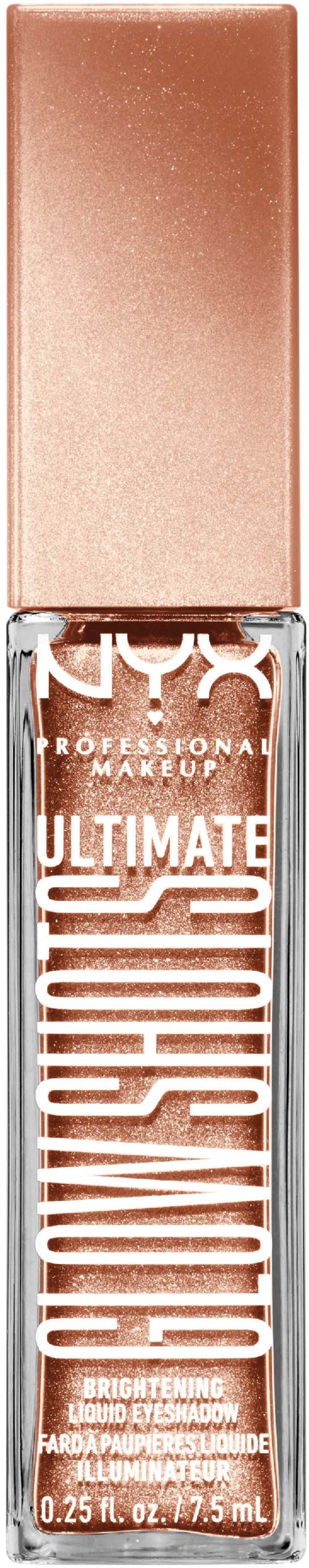 Ein Lippenstift von NYX, markiert 'Ultimate Shush'. Es hat einen roségoldenen Deckel und einen durchsichtigen Körper, der den Farbton zeigt.