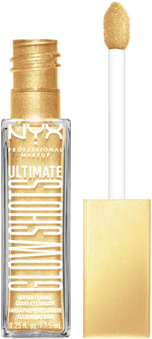 Ett guldglansläppstift med ett transparent rör och en vit och guldig applikator. Etiketten visar 'NYX Professional Makeup Ultimate Shadow Primer.'