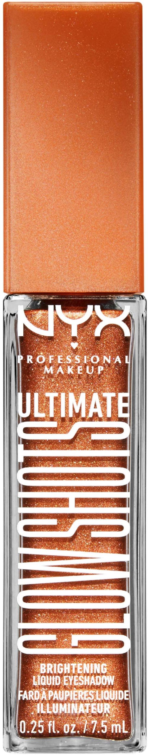 En flaska med NYX Brightening Liquid Eyelid Shadow med ett kopparfärgat lock.