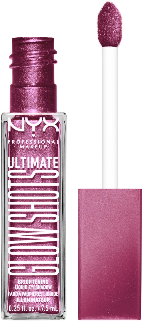 Pink flytande läppstift med applikator och rosa box. Märket är NYX, kallad Ultimate Shine. Fokus på ljusreflekterande flytande ögonskugga.