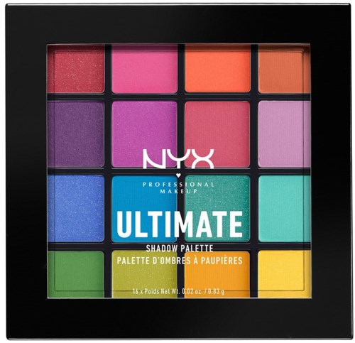 Fargerik øyeskuggpalett med 16 nyanser i svart eske, merket NYX Ultimate Shadow Palette.