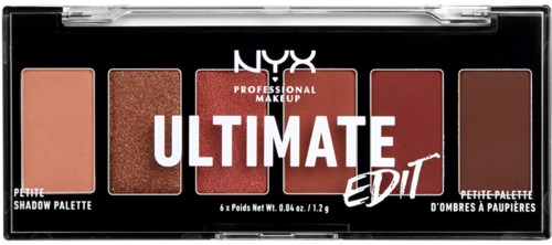 Een NYX oogschaduwpalette met zes kleuren, genaamd Ultimate Edition, met verschillende tinten bruin en roze. Bevat 6 oogschaduws.