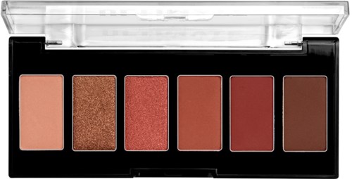 Een oogschaduwpalette met zes verschillende tinten, van licht tot donker, in een zwart doosje met doorzichtig deksel.