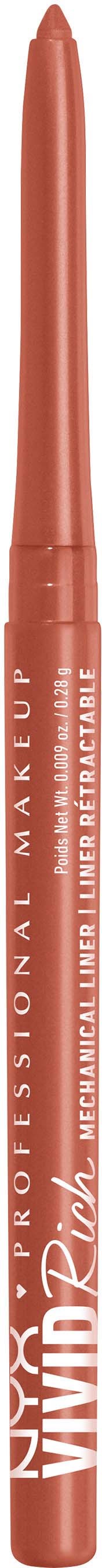 En rosa leppekontur blyant med hvit tekst, står vertikalt, merket 'Vivid Matte Lip Liner' for sminke.