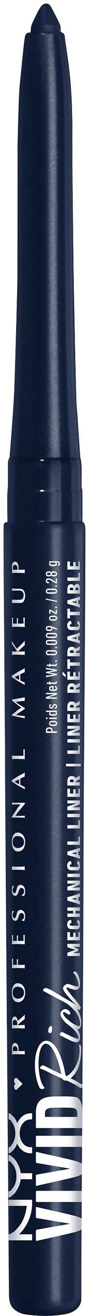 A blue eyeliner pencil with "Professional Makeup" and "Vivid Bright Eyeliner Retractable" written on it.