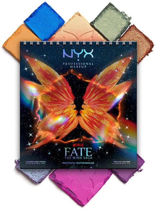 En NYX sminkpalett har en flammande fjäril med färgglada vingar på omslaget, omgiven av texturerade pastellplattor.