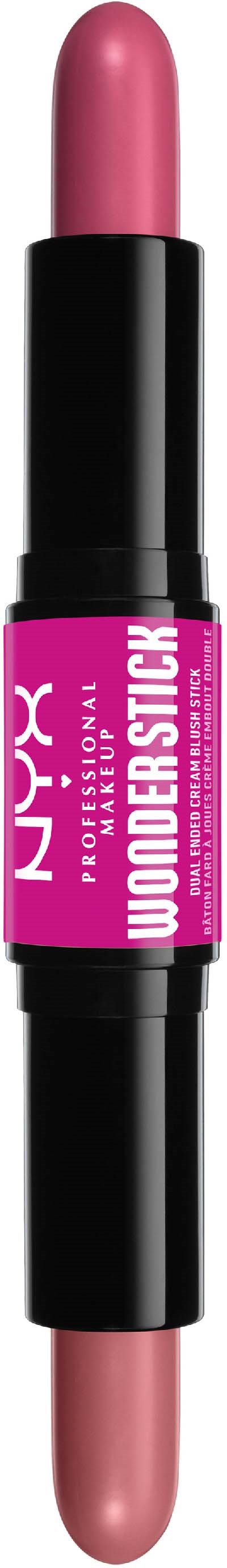 Een dubbelzijdige lippenstift met roze kleur, zwarte middenstuk en een felroze label met de tekst 'WONDERSTICK'.