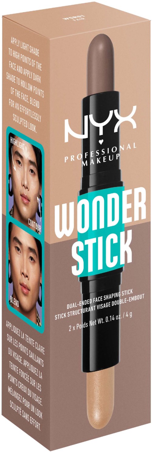 NYX Wonder Stick voor gezicht contour en highlighter, met dubbele uiteindes, met modelafbeeldingen op de doos.