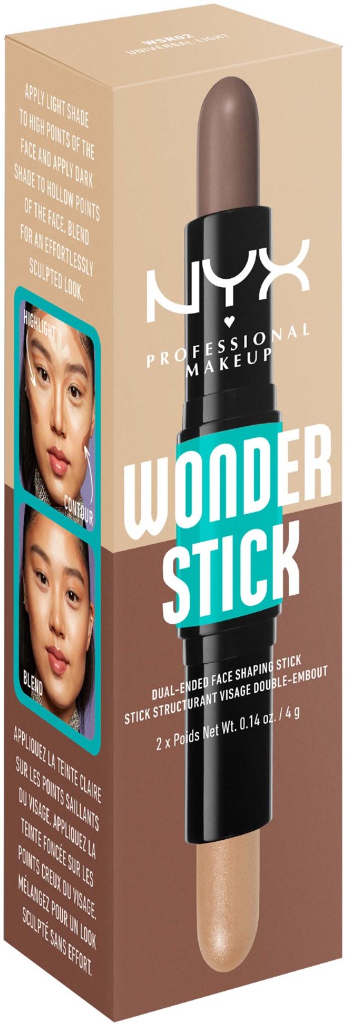NYX Wonder Stick is een dubbele gezichtshighlighter en contourstift in beige en zwart verpakt.