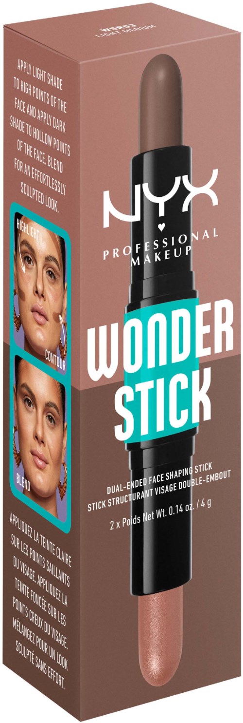 A box for NYX Wonder Stick, a dual blush and highlighter makeup stick, with images of face results.