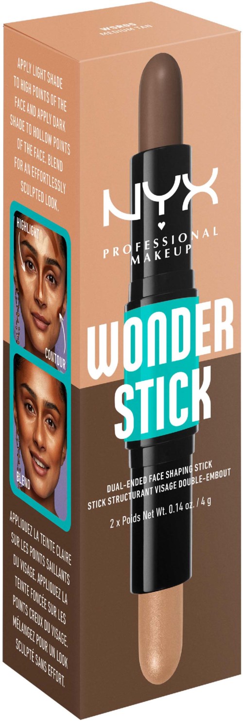 Box for NYX Wonder Stick face and eye contour makeup with images showing face before and after application.