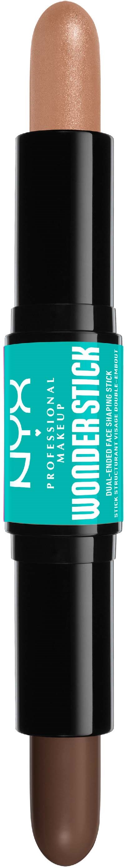 A double-ended makeup stick with brown shades, black body, and a bright blue label that says NYX Wonder Stick.