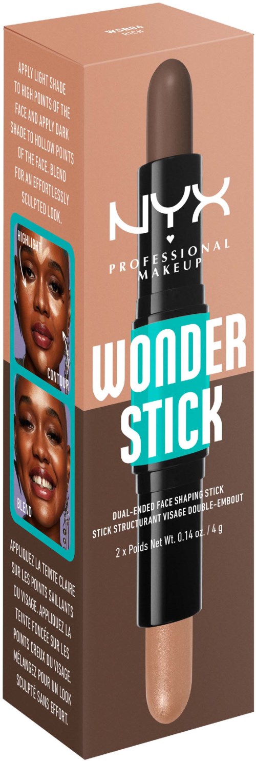 Box for NYX Wonder Stick, features a makeup product with face images showing before and after looks, and product details.