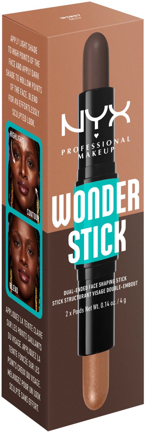 NYX Wonder Stick with dual shades, designed for highlighting and contouring, showcases two images of a woman’s face before and after use.