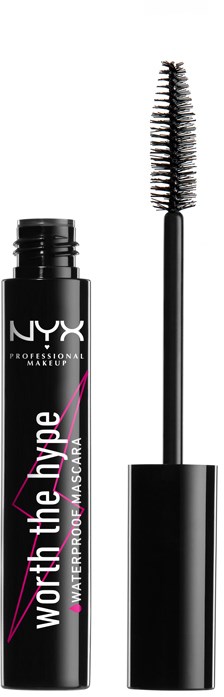 En svart maskara-tube med en lang børste. NYX-logo og produktnavn er synlige på tuben.
