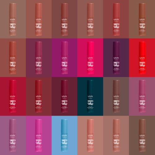 Verschiedene Lippenstiftfarben in Reihen angeordnet, von Rosa über Braun, Lila, Blau bis Rot.