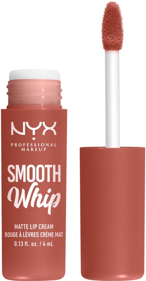 Ein NYX Matt Lip Cream mit Applikator, rosa Farbe, und Etikett mit Produktnamen und Beschreibung.