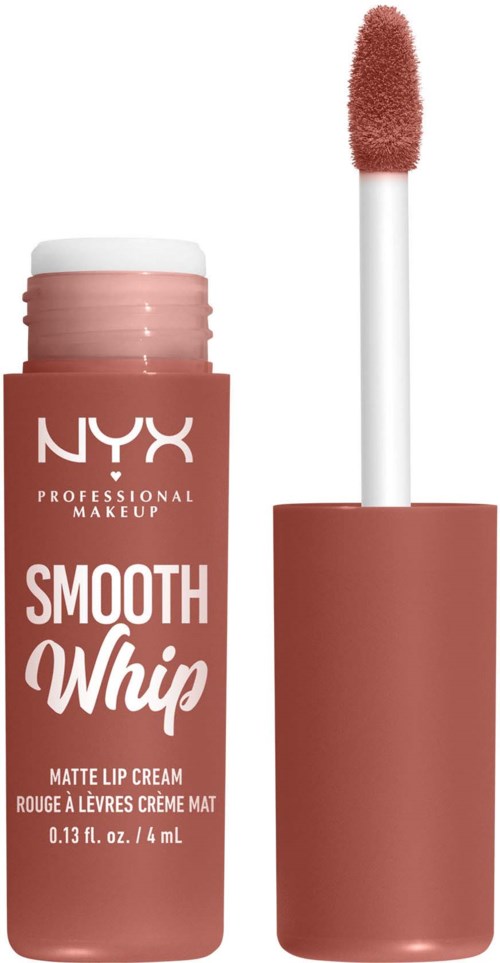 A NYX lip gloss container with a fluffy applicator wand inside. The tube is pink with white and pink text.