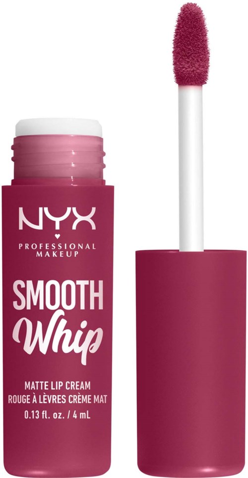 NYX matte lipcrème met applicator, roze container en witte dop, gemerkt "Smooth Whip."