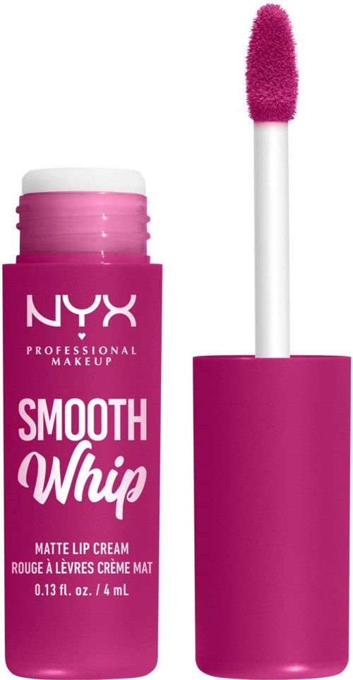 Pink lip gloss tube with a white cap and applicator stick, labeled NYX Smooth Whip Matte Lip Cream.