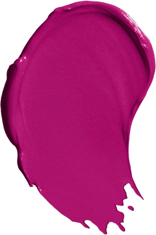 A large, bright pink paint stroke with uneven edges and a glossy finish on a white background.