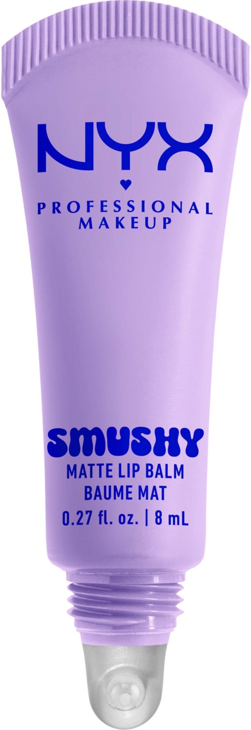 Een paarse tube NYX Smushy Matte Lip Balm, met productinformatie en merknaam.