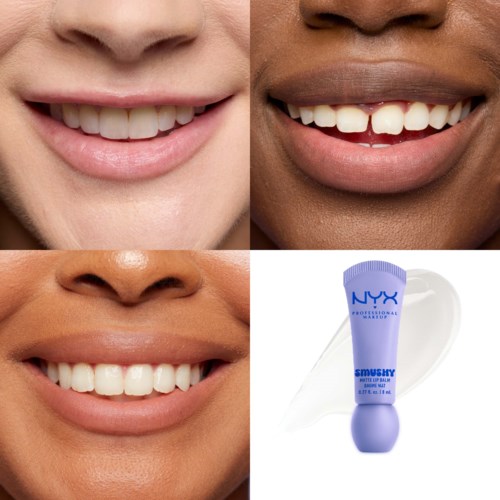 Lachende monden in verschillende huidtinten en een tube NYX make-up primer.