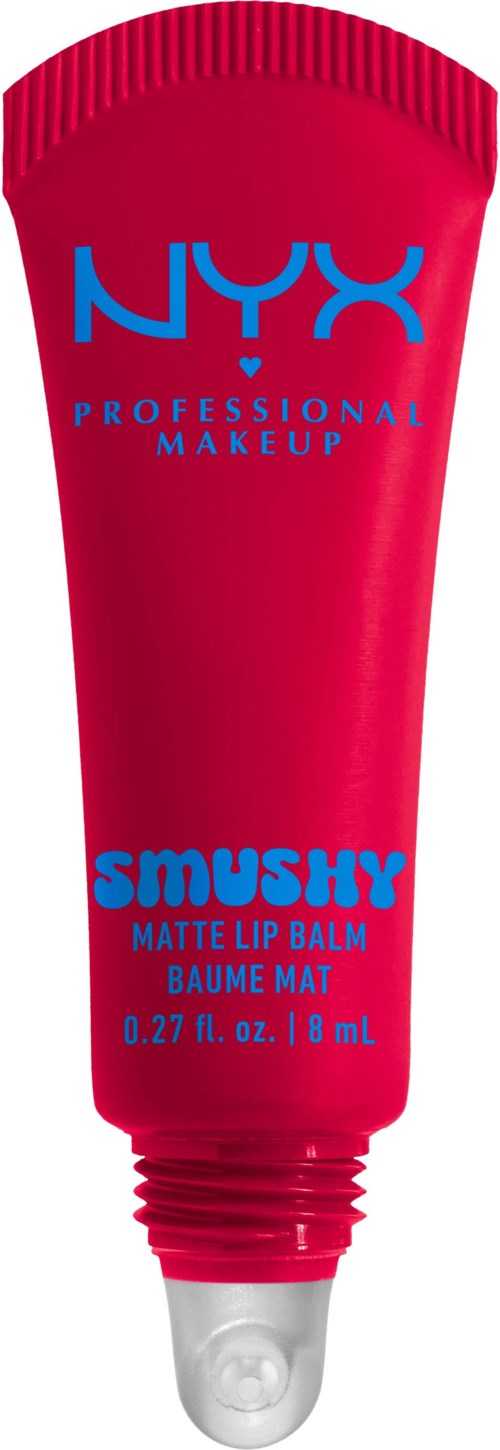 Rote Tube von NYX Smushy Matte Lip Balm mit blauem Text, 0,27 fl oz.