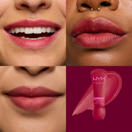 Nahaufnahme von Lippen mit verschiedenen Lippenstiftfarben und einer Lippenstiftspitze mit Lippenstift.