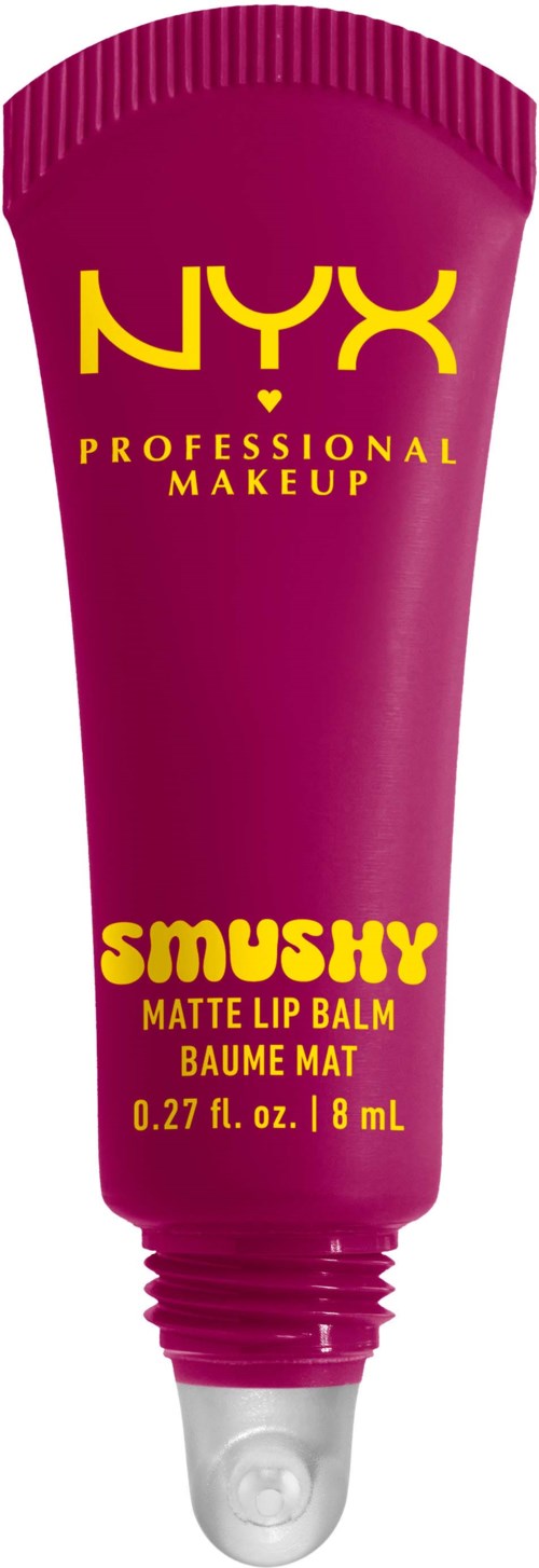 Eine magentafarbene Tube mit NYX Smushy matt Lippenbalsam mit gelbem Text und weißen Deckel.