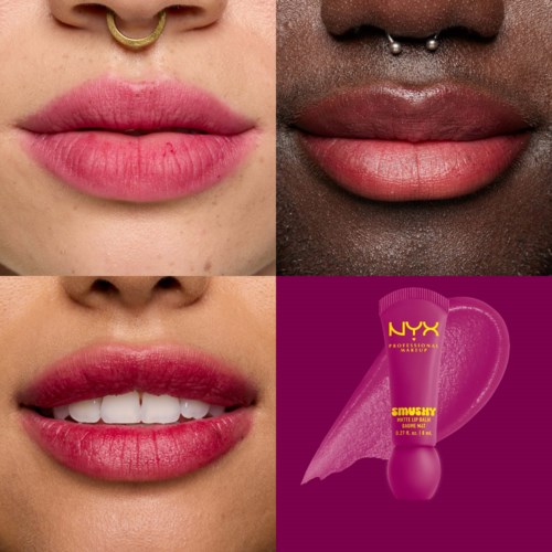 Nahaufnahme von Lippen mit unterschiedlichen Hauttönen und Make-up-Stilen sowie einem pinken Lippenstiftprodukt. Keine Wörter oder Logos.