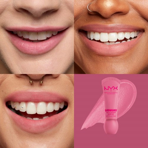 Glimlachen met tanden zichtbaar en een roze tube NYX lipgloss.