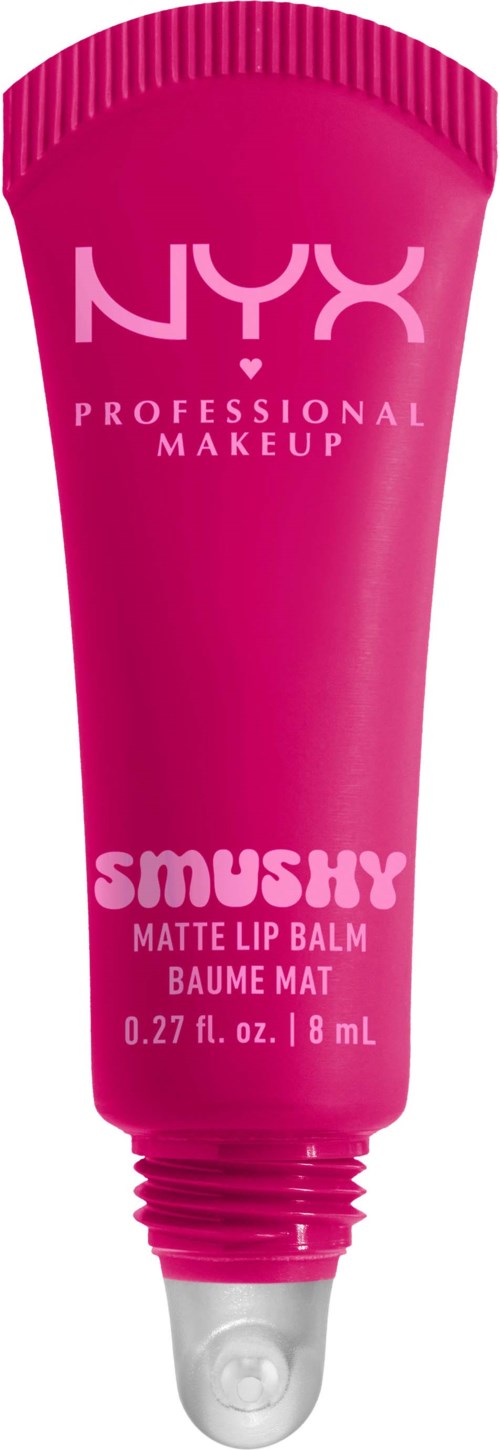 Rosa Tube von NYX Smushy Matte Lip Balm mit weißem Text, Größe 0,27 fl oz / 8 mL.