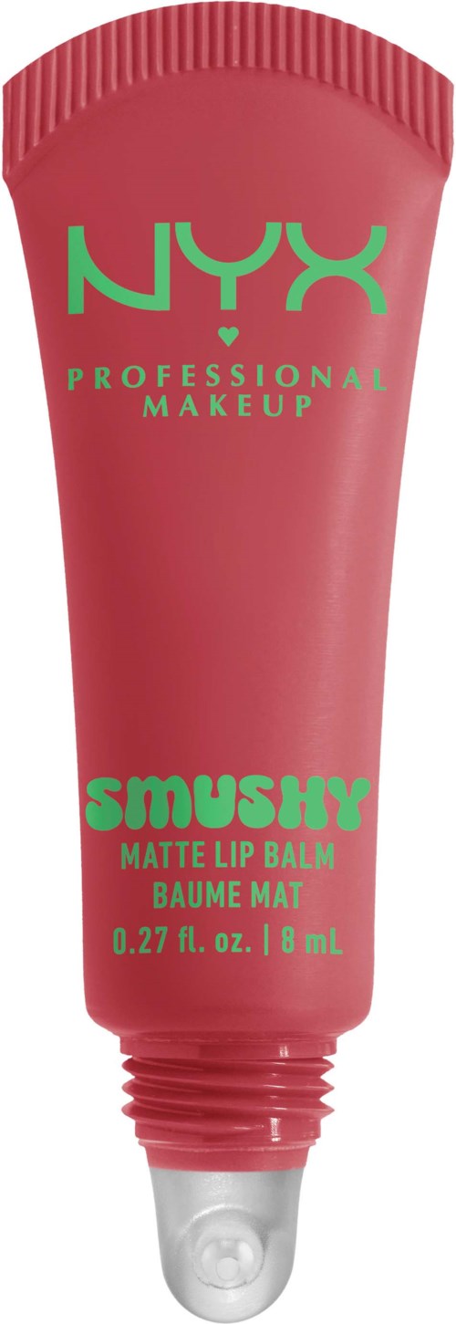 Roze tube met NYX Smushy Matte Lip Balm met groene tekst, 0,27 fl oz/8 mL.