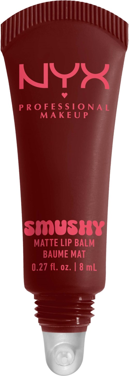 Eine dunkelrote Tube NYX Smushy Matte Lip Balm mit Drehverschluss. Text zeigt Produktname und Größe.