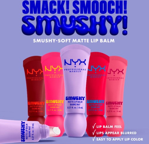 Bunte Tuben mit SMUSHY Matt Lip Balm und grossem Text auf lila Hintergrund.
