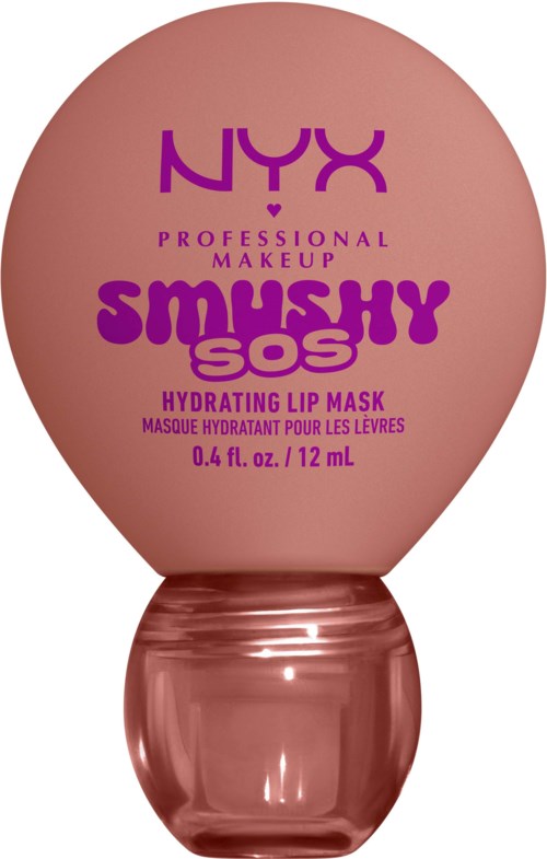 Rund rosa läppmaskbehållare med lila text och ett klart rosa lock. NYX-logga och produktdetaljer syns.