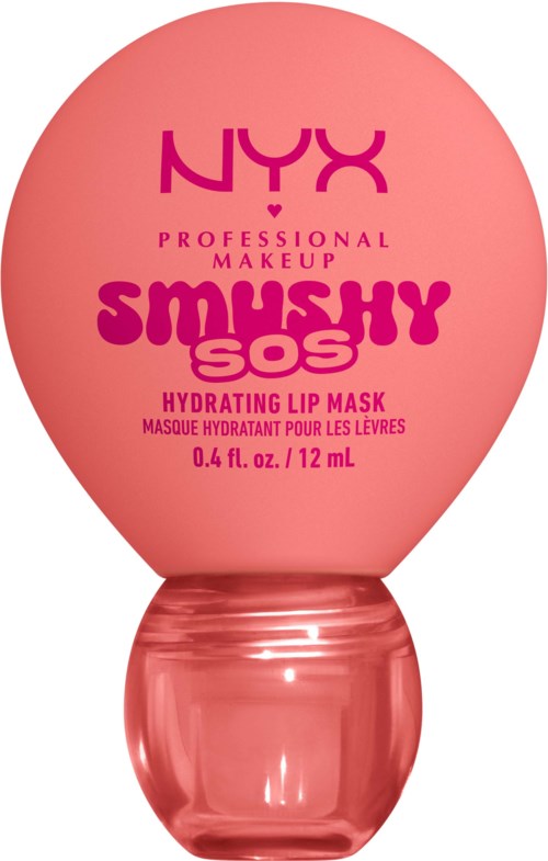 Rosa runt förpackning av NYX Smushy SOS återfuktande läppmaskin med produktnamn och beskrivning på etiketten.