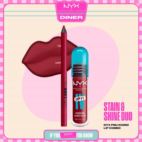 NYX läppfärgningsprodukt och lip gloss duo med röd läppstift och en lip glossrör, mot en rosa bakgrund.