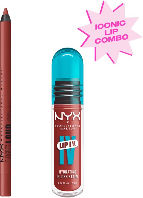 Läppfärg i genomskinlig tub med blått lock, med NYX och Lip L.I.V. branding, märkt som återfuktande glossstain.