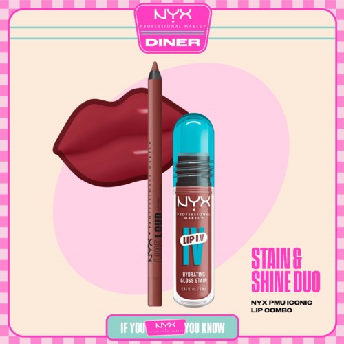 Läppfärg och gloss-sets med läpppenna och förpackning, mot en rosa bakgrund med läppillustration.